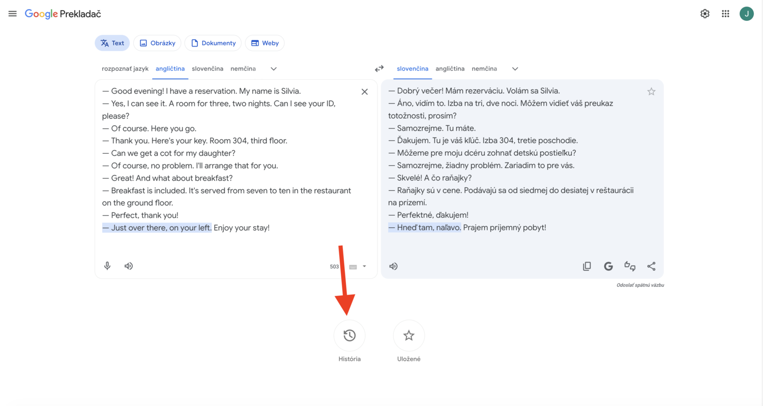 Google Translate – šípka ukazuje na ikonku História dole, kde nájdeš včerajší text