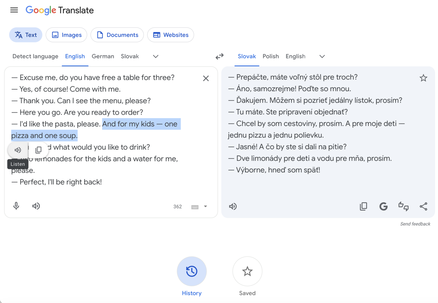 Google Translate – zvýraznená veta s mini reproduktorom Listen