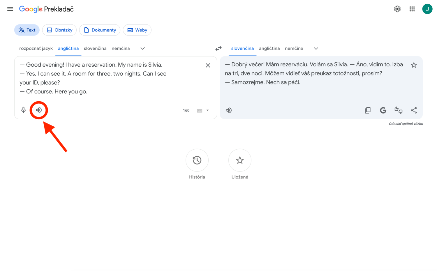 Google Translate (slovenská verzia) – šípka ukazuje na tlačidlo reproduktora pod textom