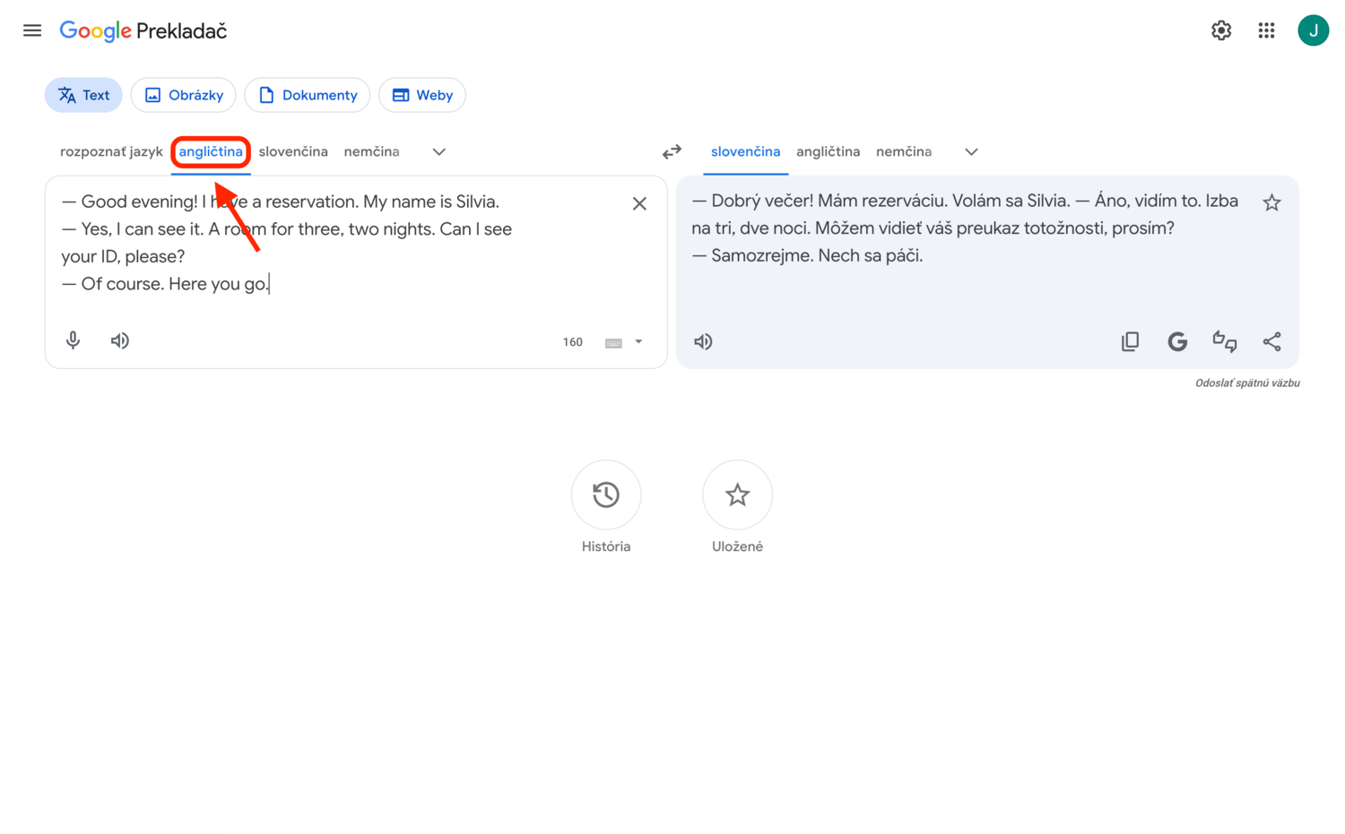 Google Translate – šípka ukazuje na správny jazyk vľavo (angličtina)