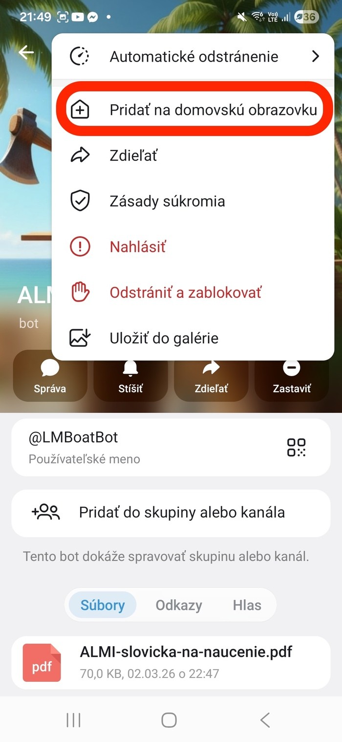 Krok 3 – voľba Pridať na domovskú stránku