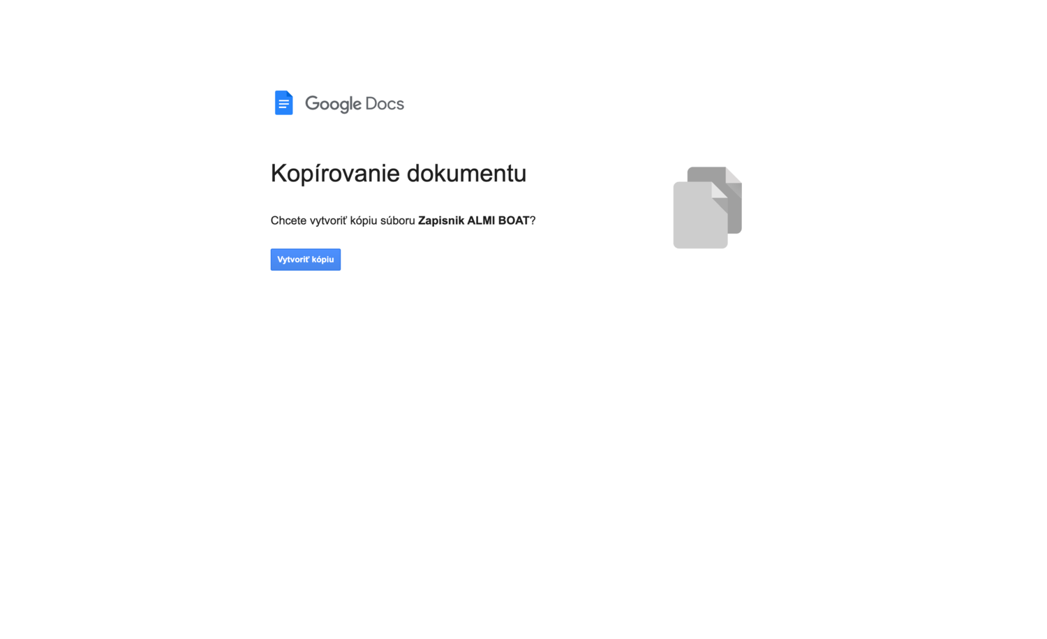 Google Docs – stránka Kopírovanie dokumentu s modrým tlačidlom Vytvoriť kópiu